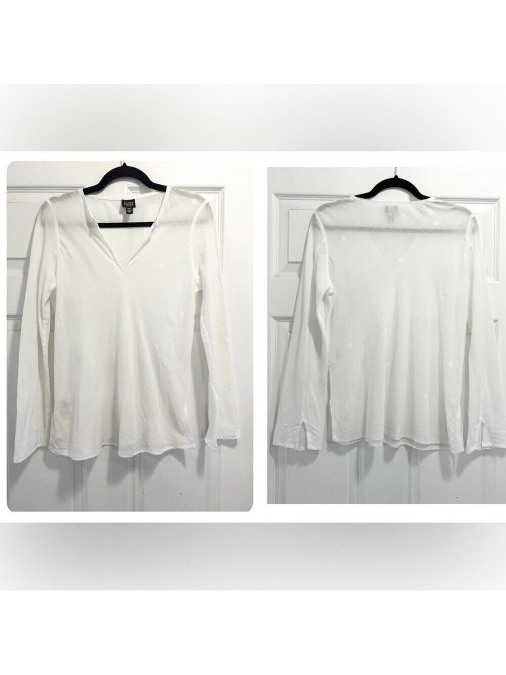 Eileen Fisher White Top Cotton Split Long Sleeve V Neck Swiss Dot Size Medium P